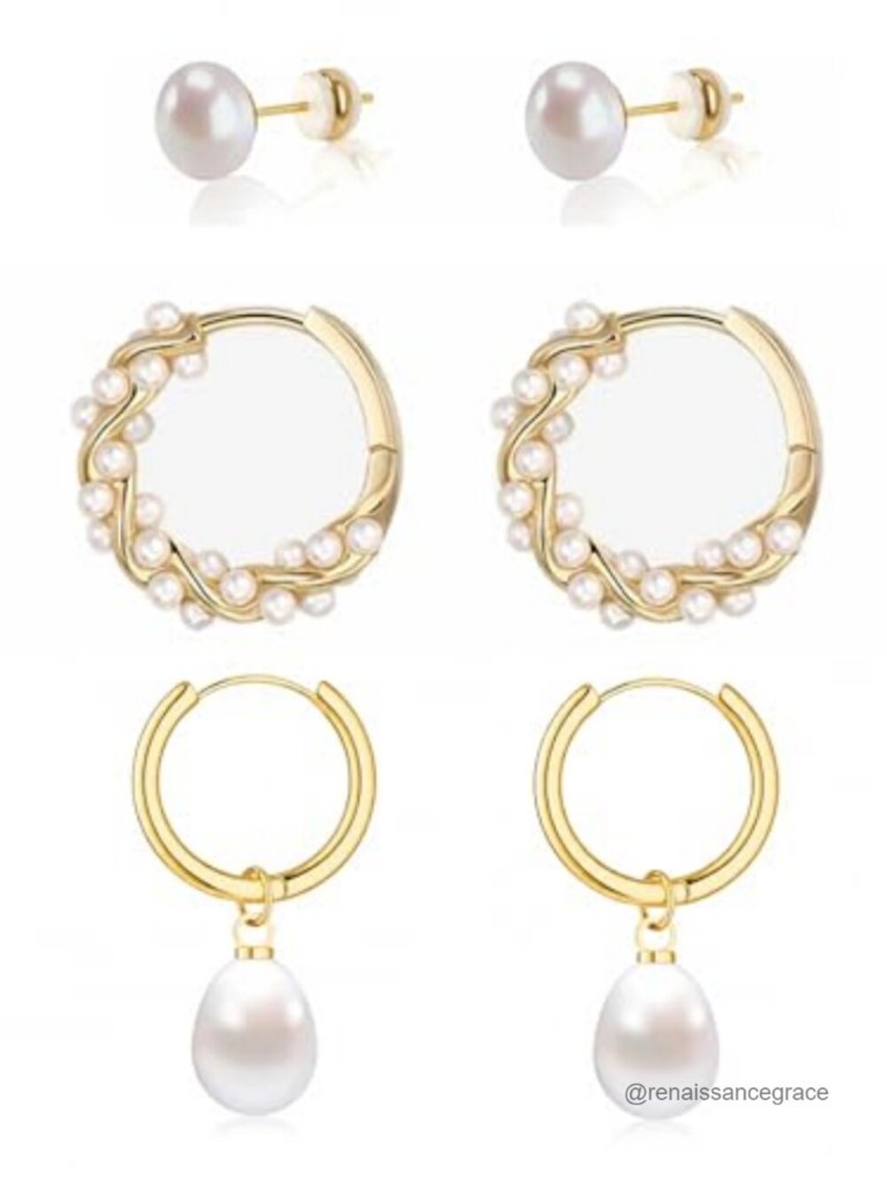 14K Gold Plated Pearl Earrings Set for Women Hypoallergenic Stud Hoop Huggie 3